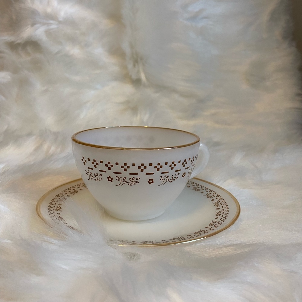 Vintage Termo Rey Milk Glass TeCup & Saucer Gold Trim